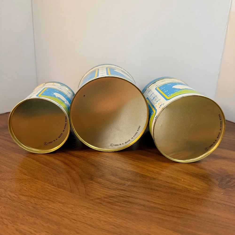 Vintage 1984 WA Nesting Kitchen Canisters Set of 3 Goose Sheep Pig Farm Blue Tin